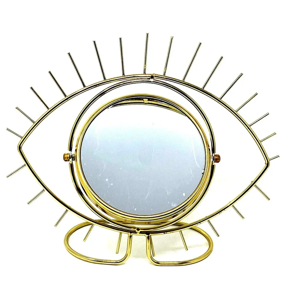 Open Eye-Shaped Gold Metal Double-Sided Vanity Makeup Magnifying Mirror 14x11x4